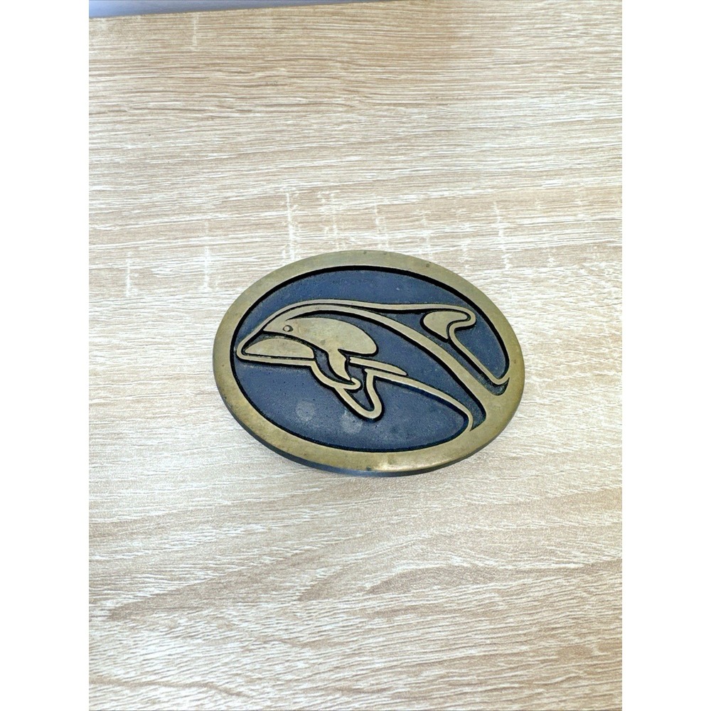 Vintage Rainbow Metals Orca Killer Whale Bronze Belt Buckle Blue Oval
